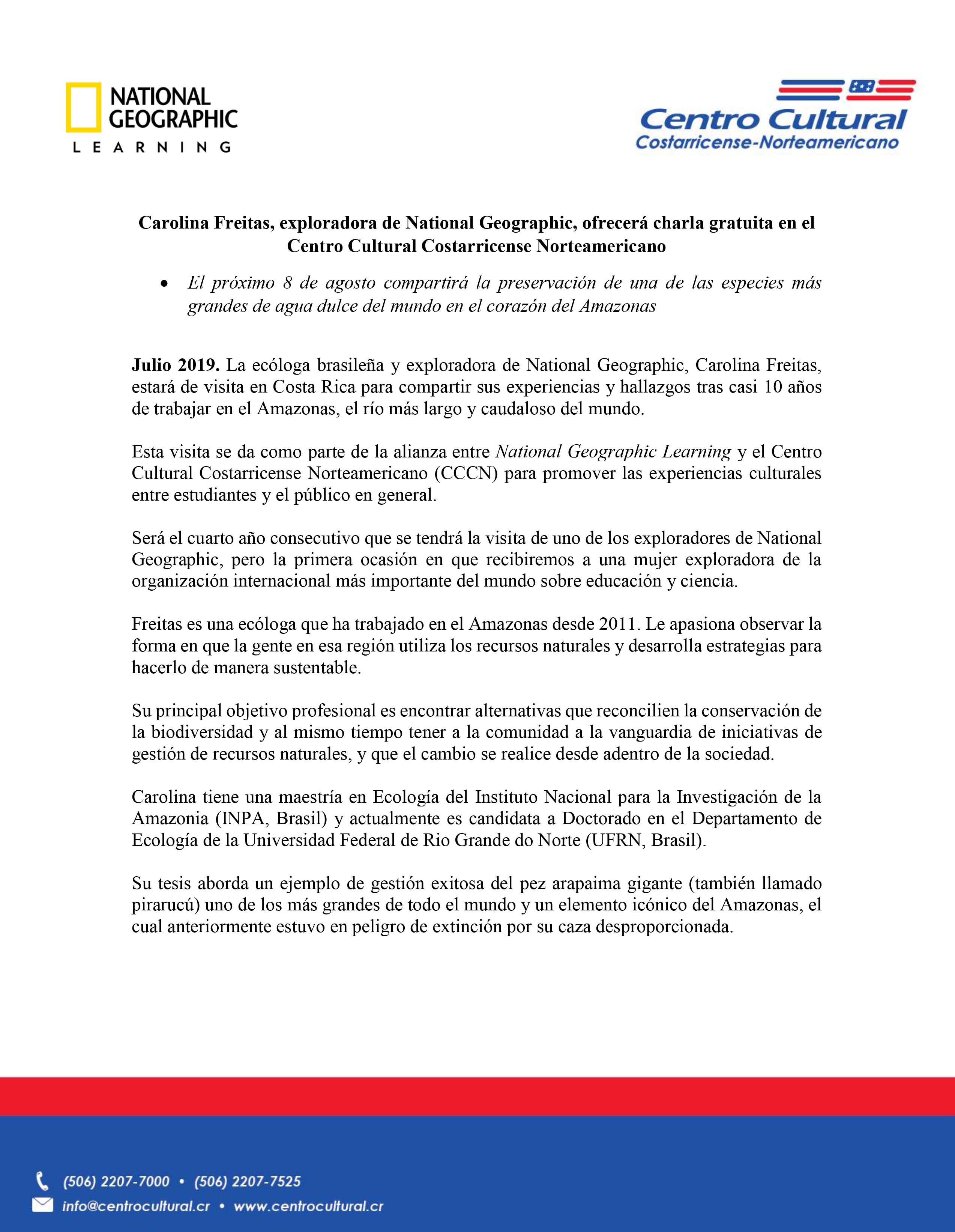 Carolina Freitas exploradora de National Geographic ofrecerá charla gratuita en el Centro Cultural Costarricense Norteamericano 1