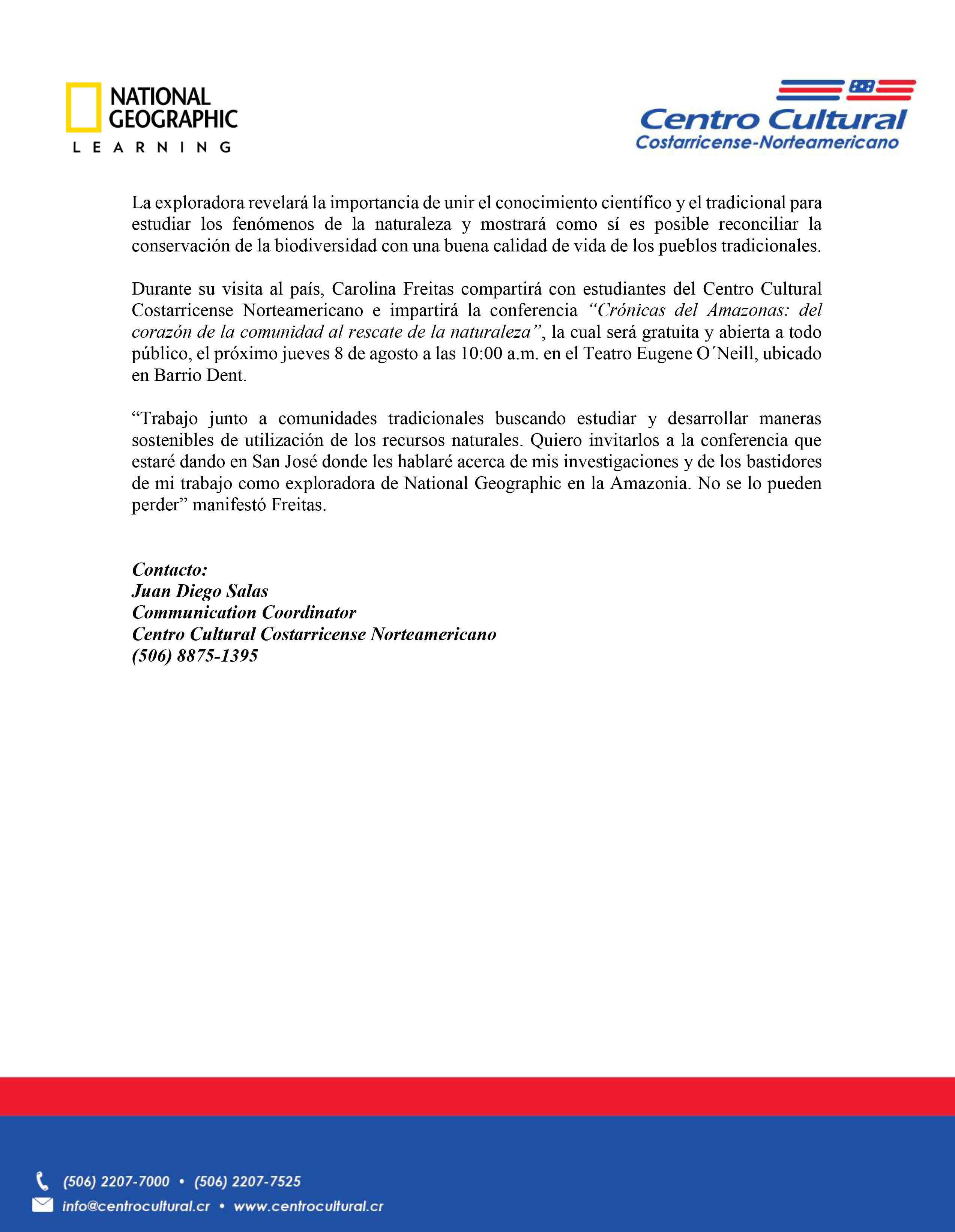 Carolina Freitas exploradora de National Geographic ofrecerá charla gratuita en el Centro Cultural Costarricense Norteamericano 2