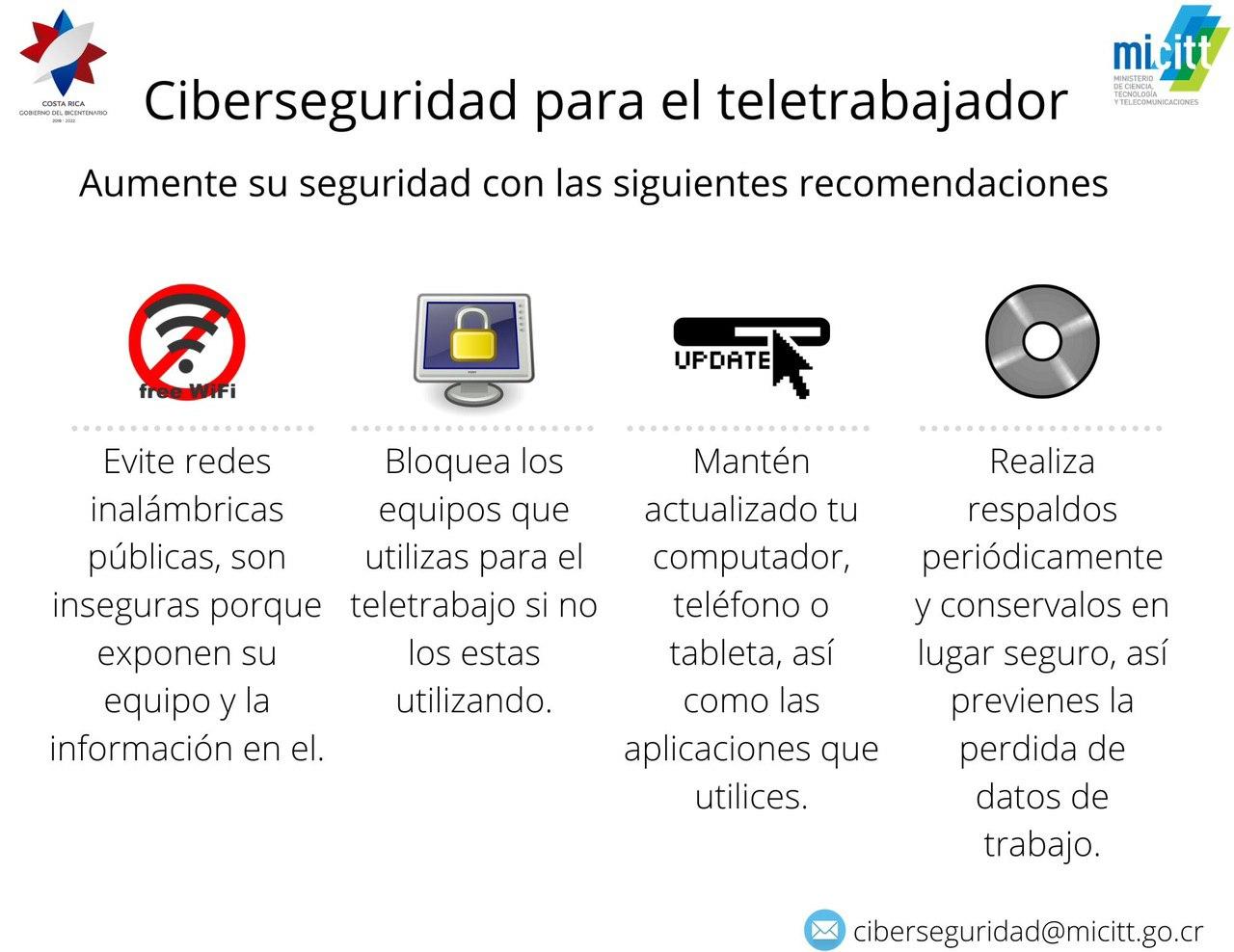 Infografía con recomendaciones para aumentar la seguridad en el trabajo remoto y dispositivos conectados.