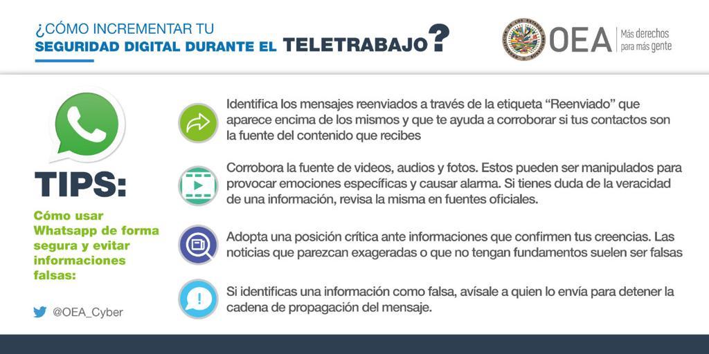 Infografía de la OEA con consejos para incrementar la seguridad en el entorno digital y laboral.